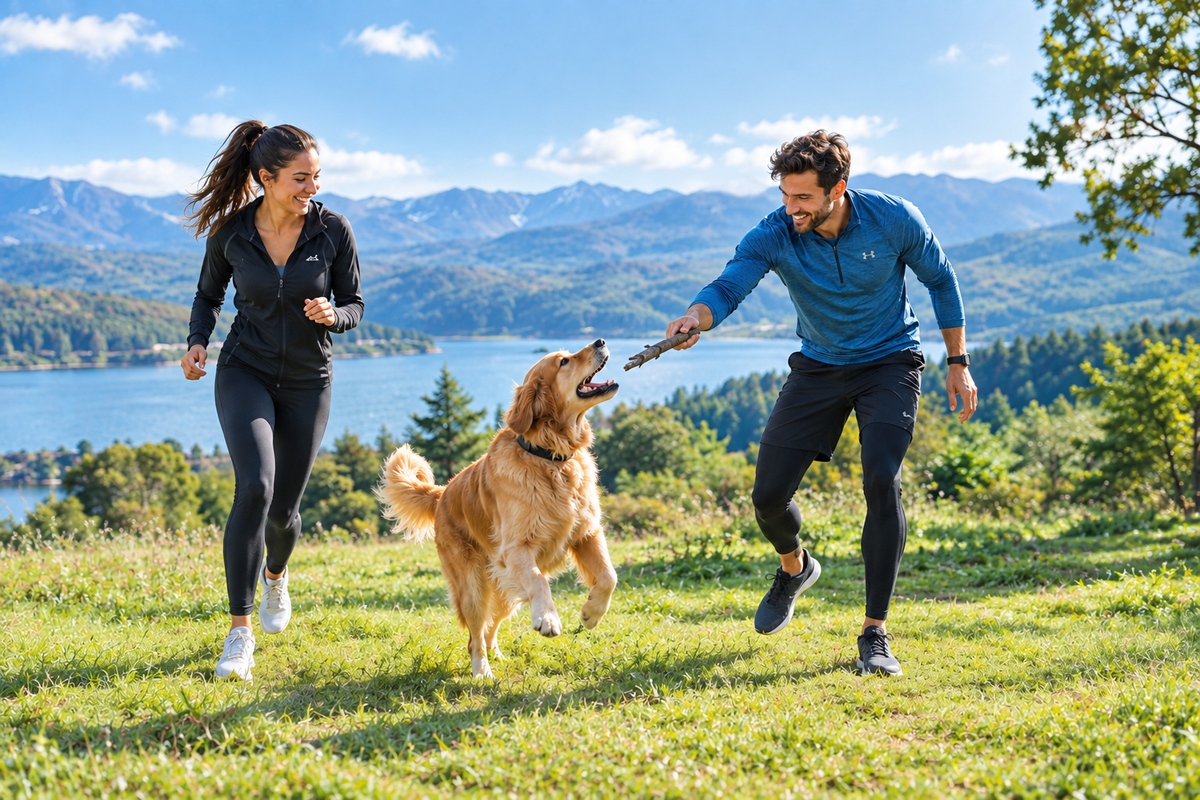Pareja con perro al aire libre, cuerpo completo